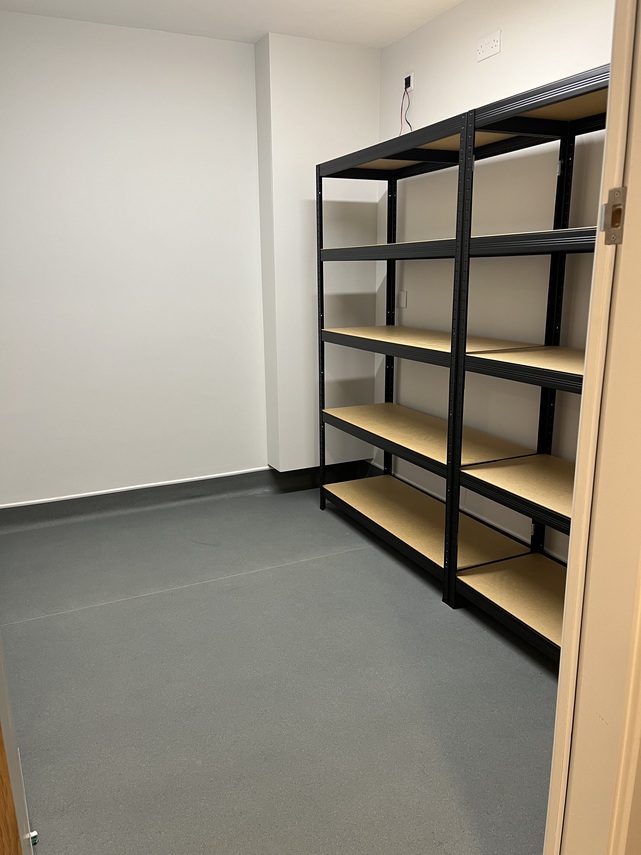 Hirers storage room with shelving